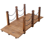 5 Ft Wooden Garden Bridge with Chain Railings - Natural Wood Finish