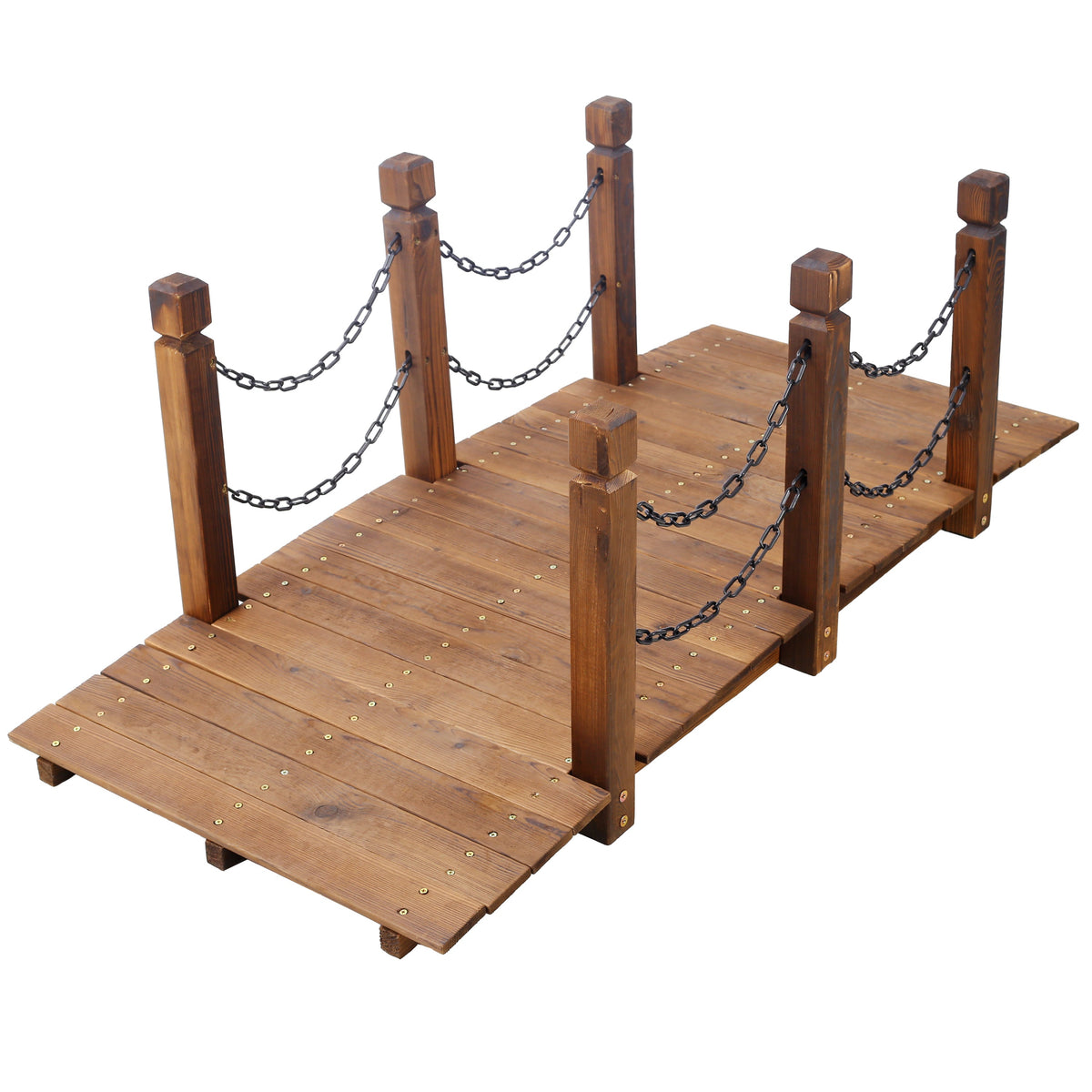 5 Ft Wooden Garden Bridge with Chain Railings - Natural Wood Finish