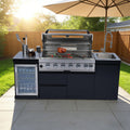 82-Inch 6-Burner Deluxe Stainless Steel Gas Outdoor Kitchen Grill with Wine Cooler - Black