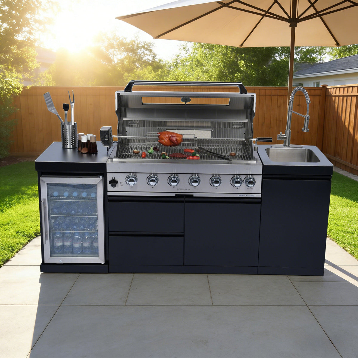 82-Inch 6-Burner Deluxe Stainless Steel Gas Outdoor Kitchen Grill with Wine Cooler - Black