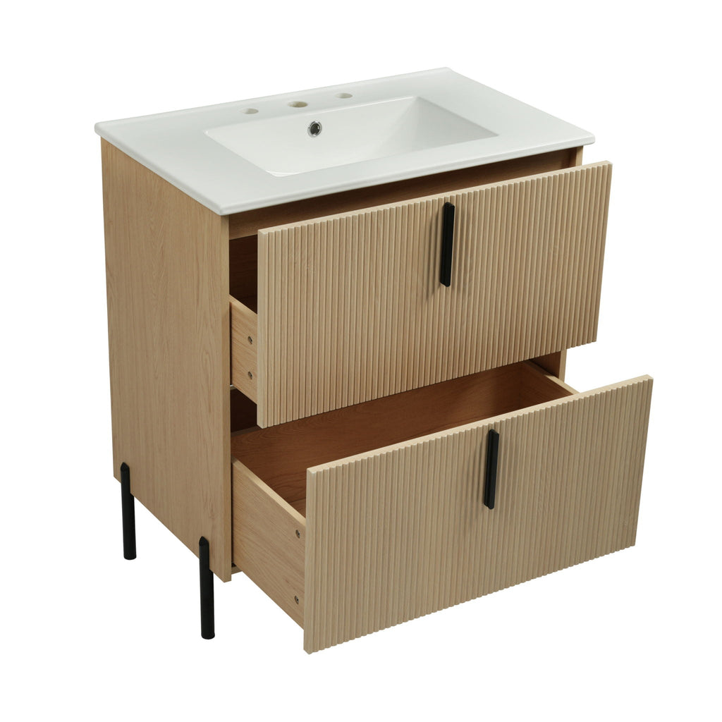 Bathroom Vanity With Ceramic Sink and Fluted Design - Dark Green, White, Light Brown