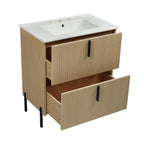 Bathroom Vanity With Ceramic Sink and Fluted Design - Dark Green, White, Light Brown