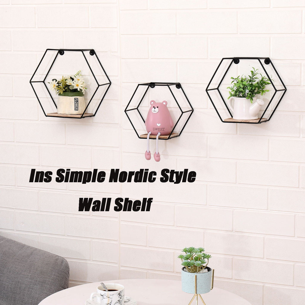Wall Mounted Hexagonal Floating Shelves - Black (Set of 3)