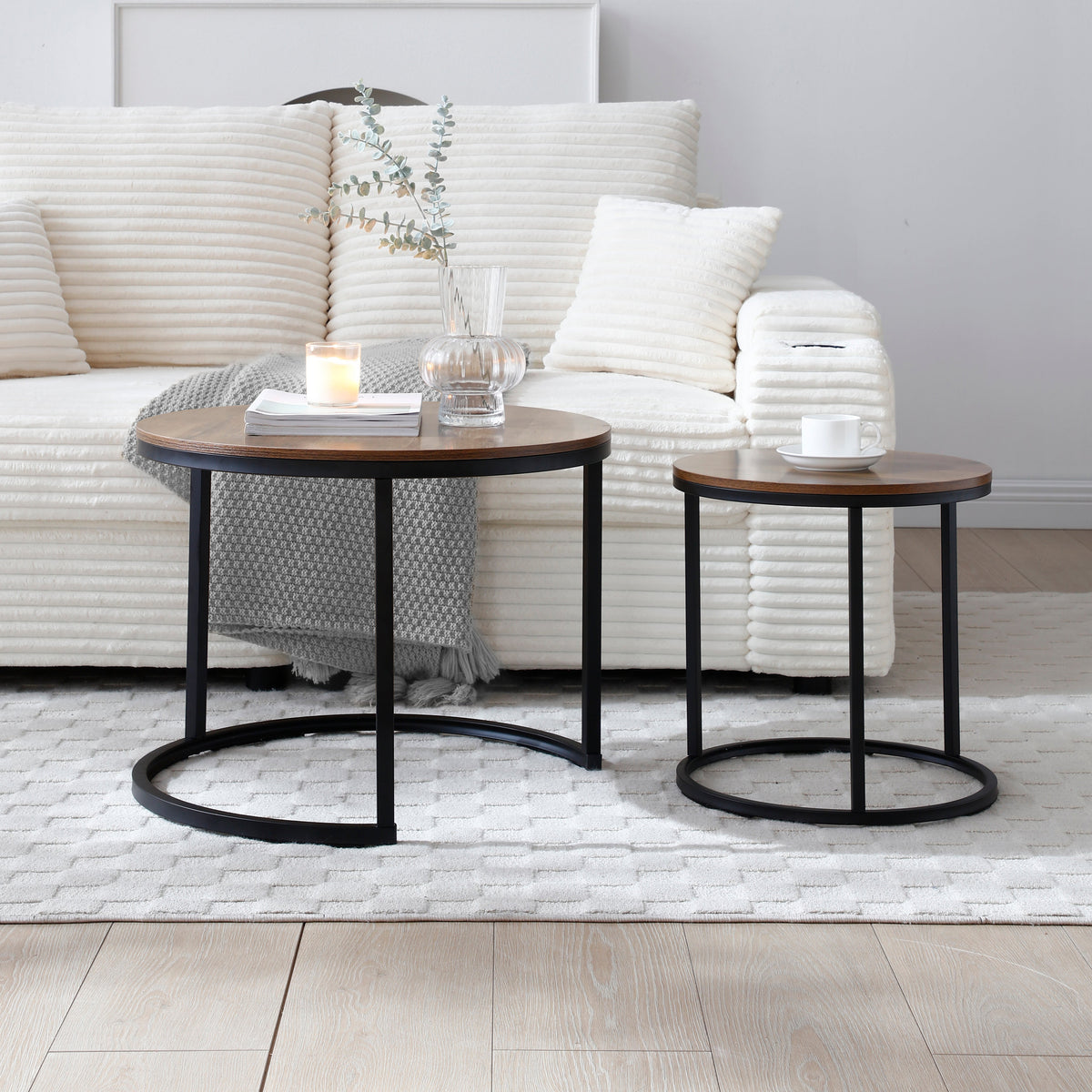 Nesting Round End Tables with Metal Frame - Set of 2