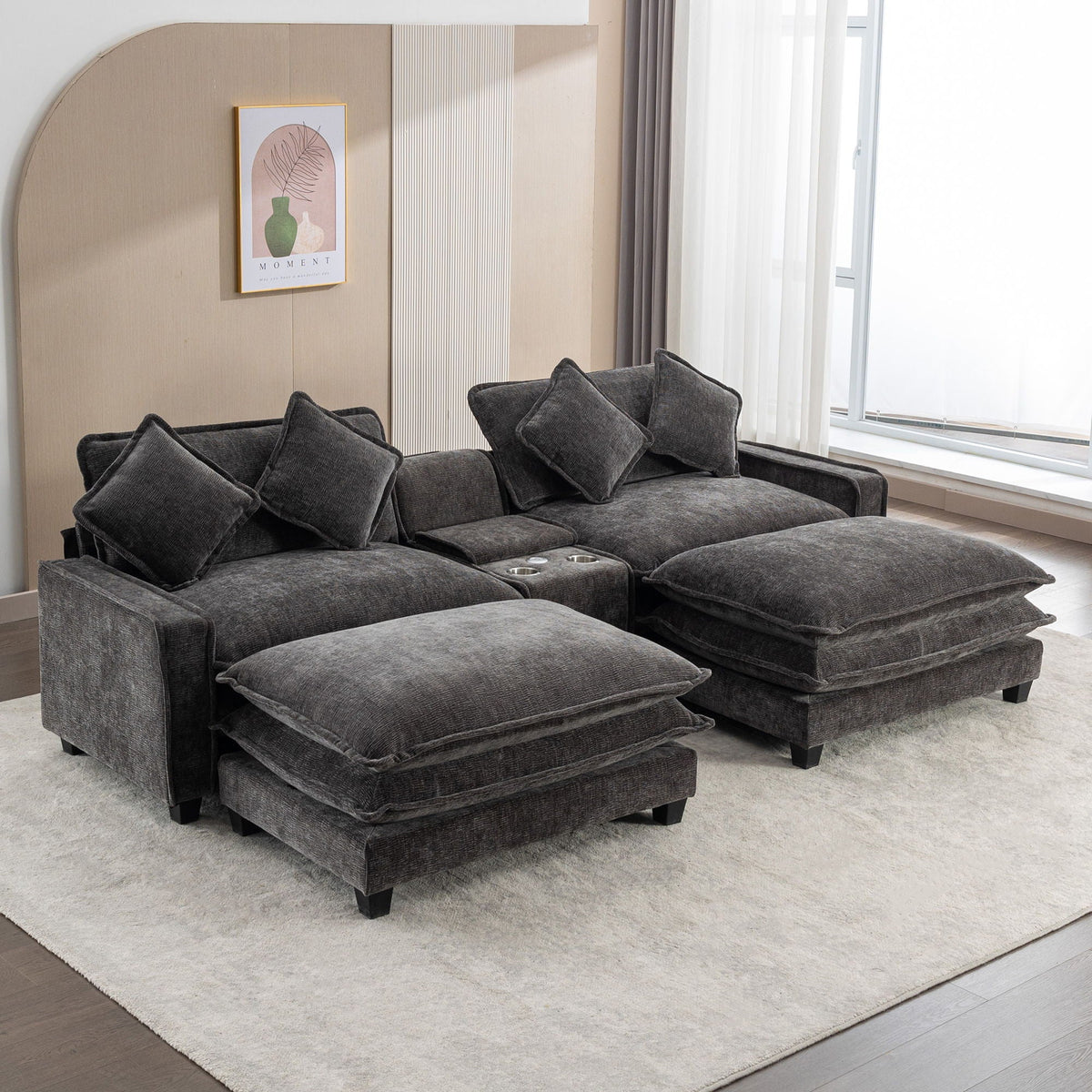 Modern Sectional Sofa with Removable Ottomans, USB Ports - Dark Gray or Light Blue