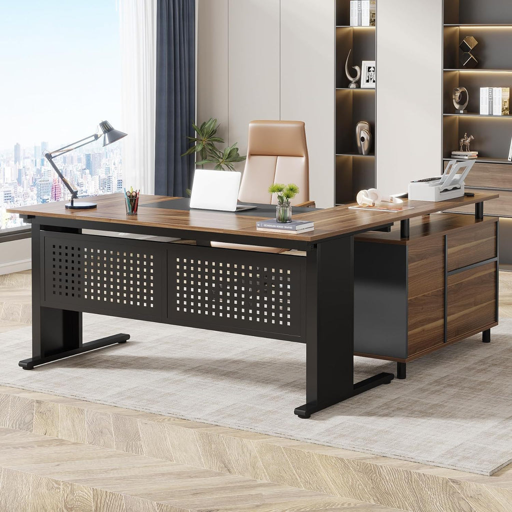 L-Shaped Executive Desk with File Cabinet and Storage Drawers - Light Brown or Dark Gray