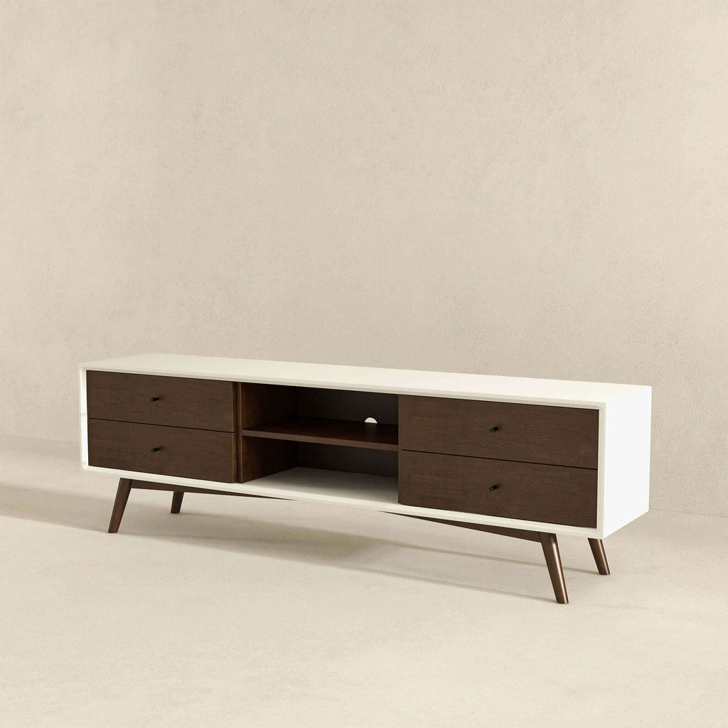 Modern TV Stand Up To 72" with Solid Wood Construction - White or Dark Brown