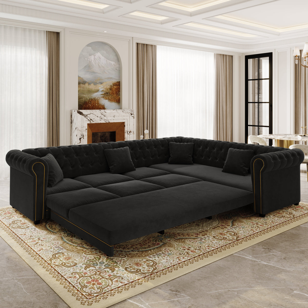 L-Shaped Sofa Couch with Pull-Out Bed - Black Velvet
