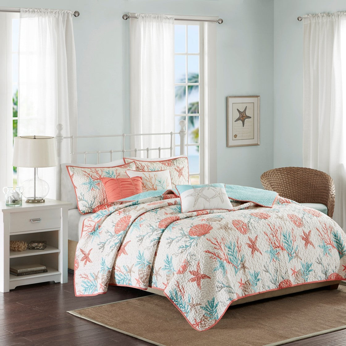 Cotton Sateen Quilt Set with Throw Pillows - King/Cal King, Coral