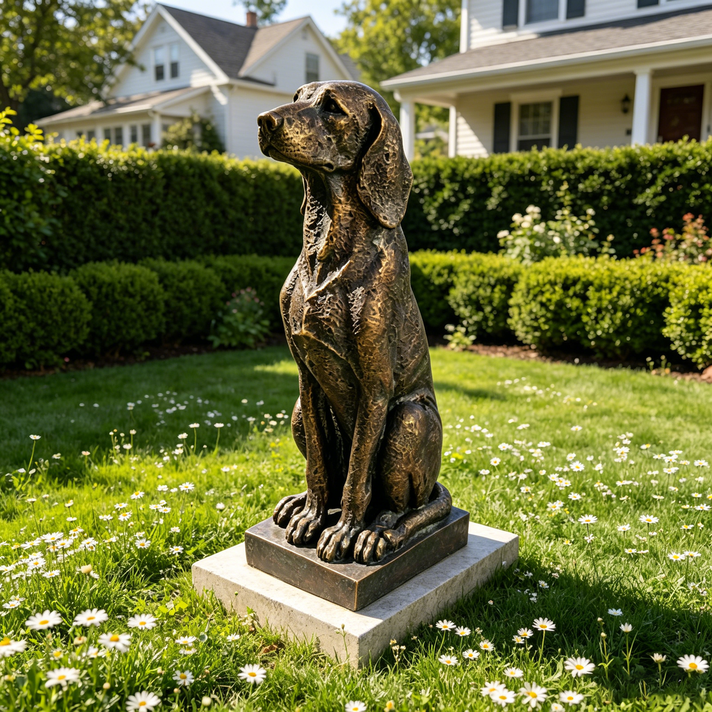 Vintage Bronze Sitting Hound Dog Statue with Antique Finish - Bronze