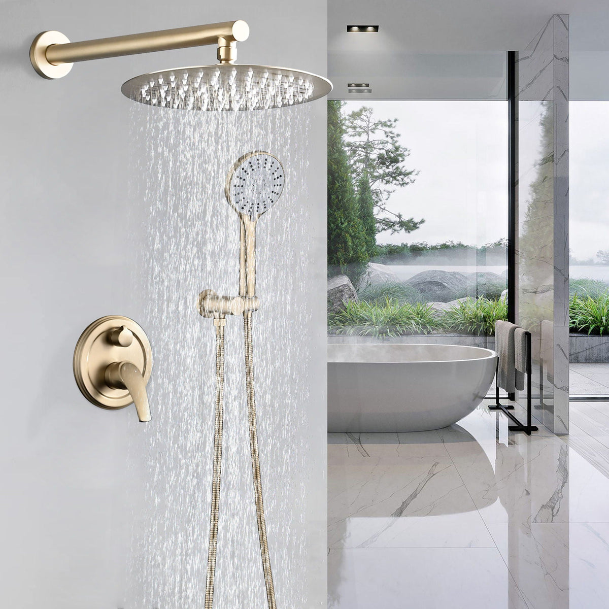 Wall Mounted Shower Set with High Pressure 10" Rain Head & 5-Function Handheld - Gold or Pearl Silver