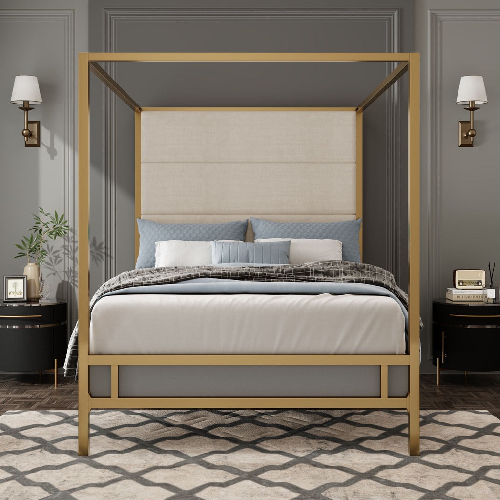 Canopy Bed With Tall Upholstered Headboard - 4 Poster Frame - Gold or Black
