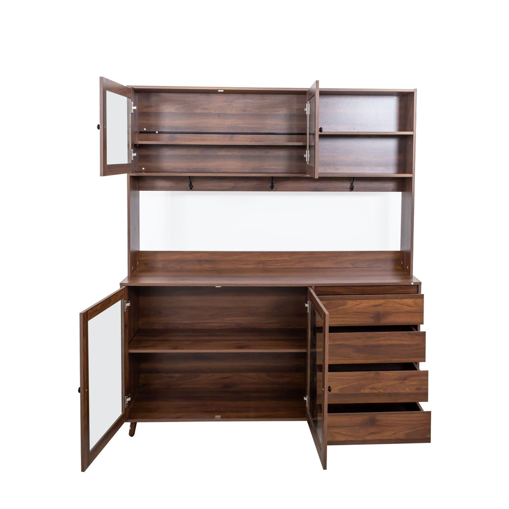 Large Kitchen Hutch Cabinet with Microwave Shelf - Walnut