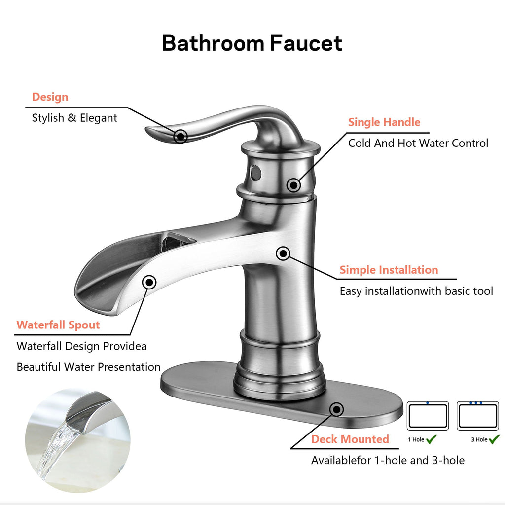 Brushed Nickel Waterfall Spout Bathroom Faucet with Single Handle and Pop Up Drain