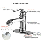 Brushed Nickel Waterfall Spout Bathroom Faucet with Single Handle and Pop Up Drain