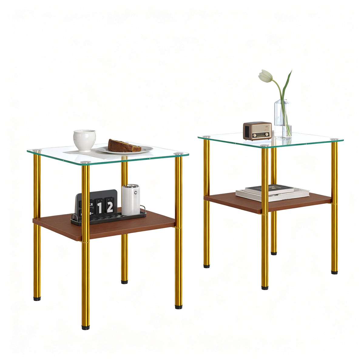 Modern Glass Coffee Table and End Tables Set of 3 with Golden Metal Legs