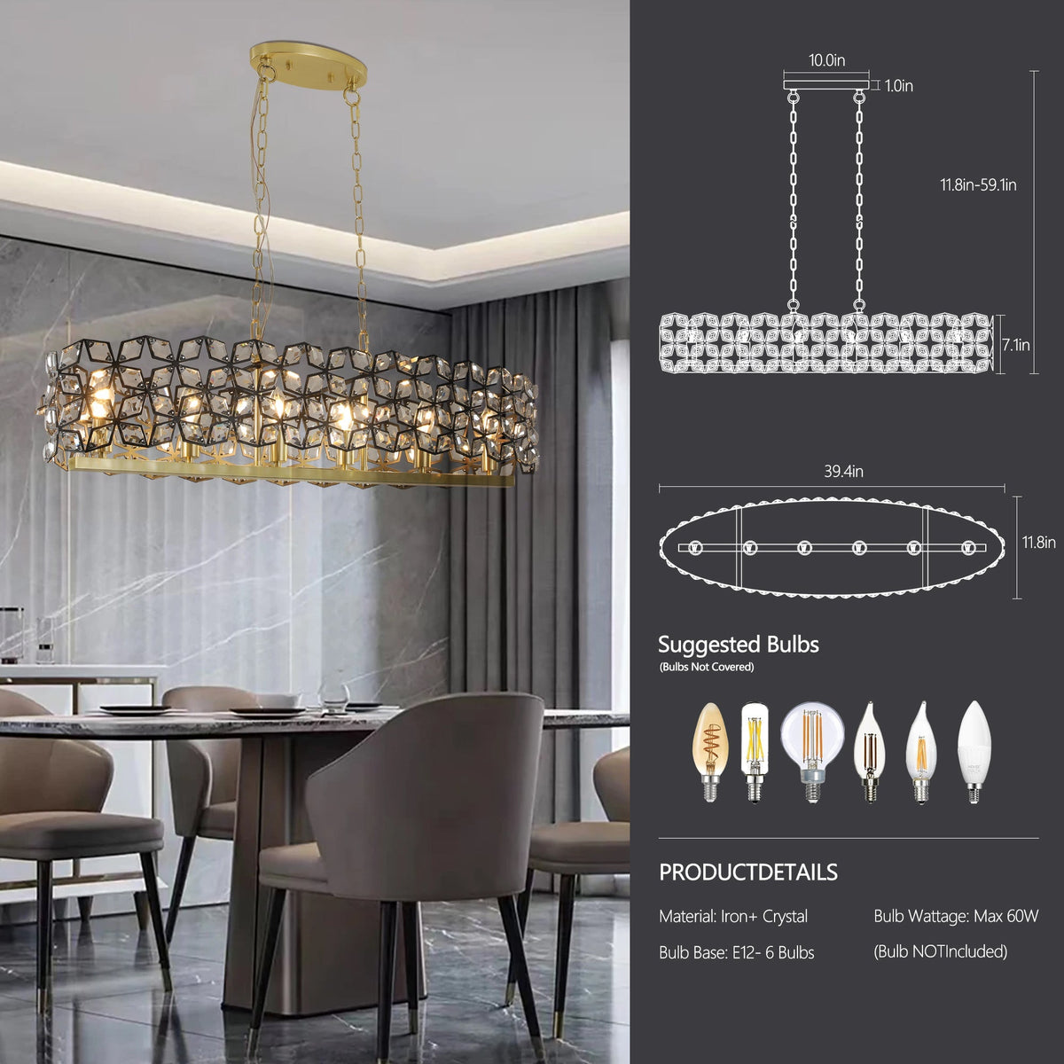 39" Contemporary Crystal Pendant Chandelier with K9 Crystal - Black & Gold