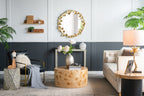 Round Metal Wall Mirror With Leaf Accents in Gold