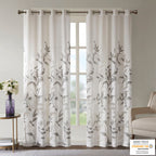 Burnout Printed Curtain Panel with Semi-Sheer Botanical Design - Grey