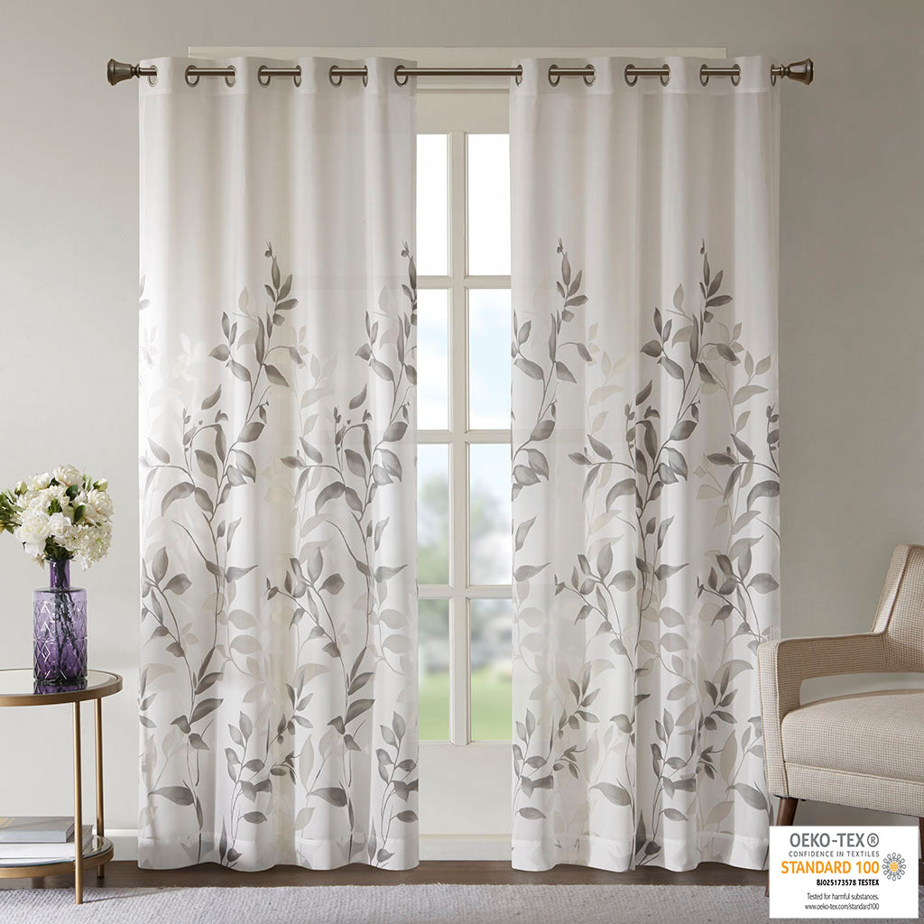 Burnout Printed Curtain Panel with Semi-Sheer Botanical Design - Grey