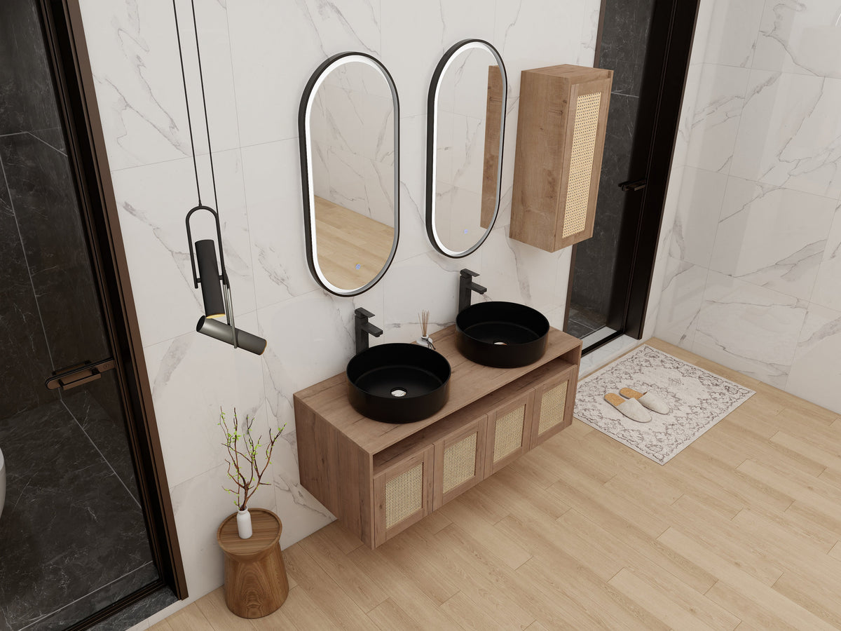 48" Bathroom Vanity with Ceramic Art Sink and Side Cabinet - Imitative Oak