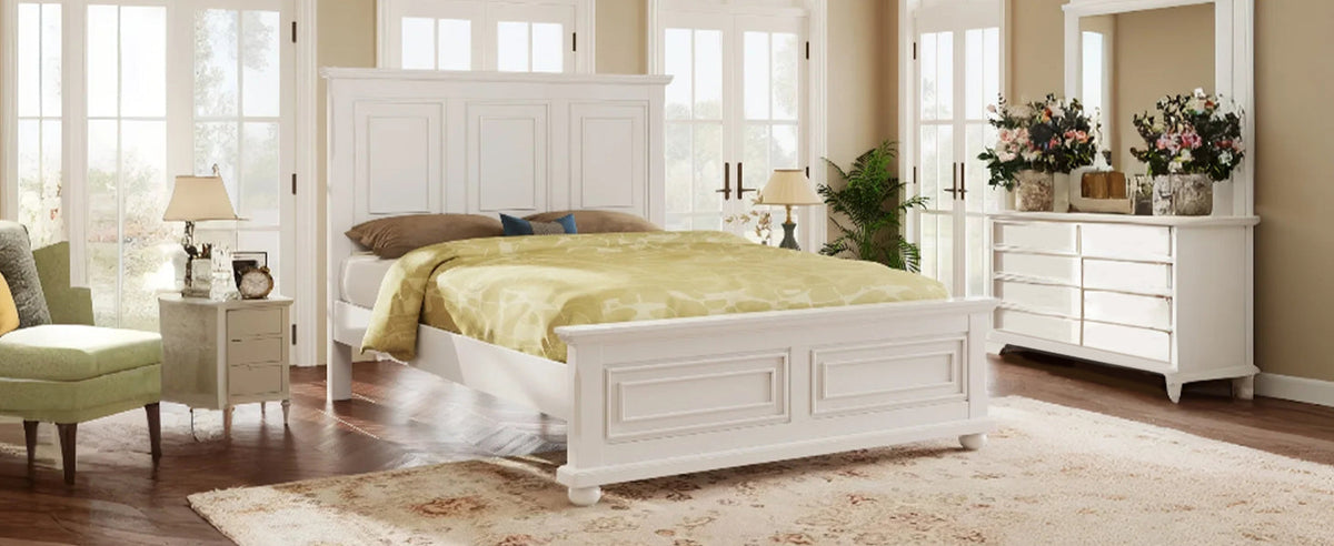 Pinewood Vintage Tall Headboard King Bed Frame with Classic Details - White