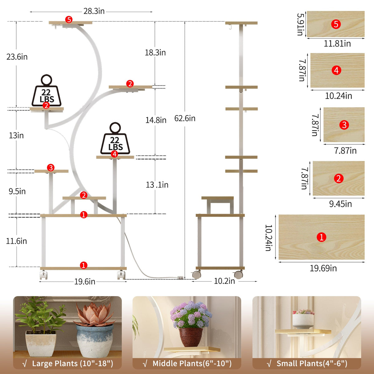 62" Tall Indoor Plant Stand with Grow Lights - 8 Tiered Shelf