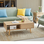 Rattan Coffee Table with Sliding Storage Door – Solid Wood Legs - Light Brown, White, or Dark Brown