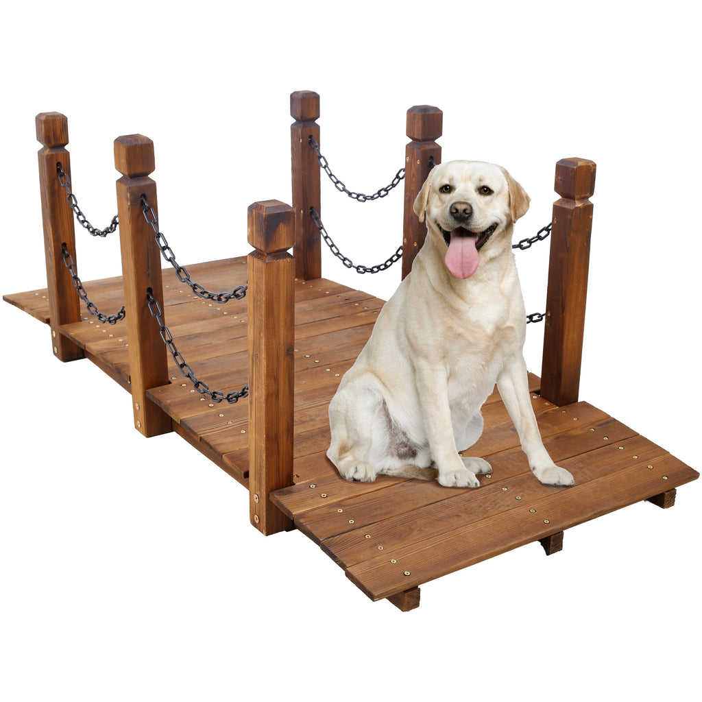 5 Ft Wooden Garden Bridge with Chain Railings - Natural Wood Finish