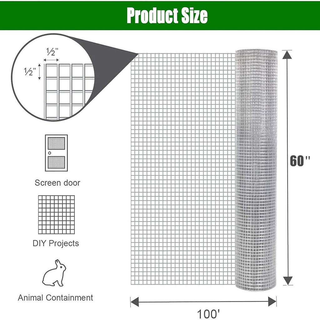 Galvanized Hardware Cloth Fence Roll with 1/2 Inch Mesh - Silver