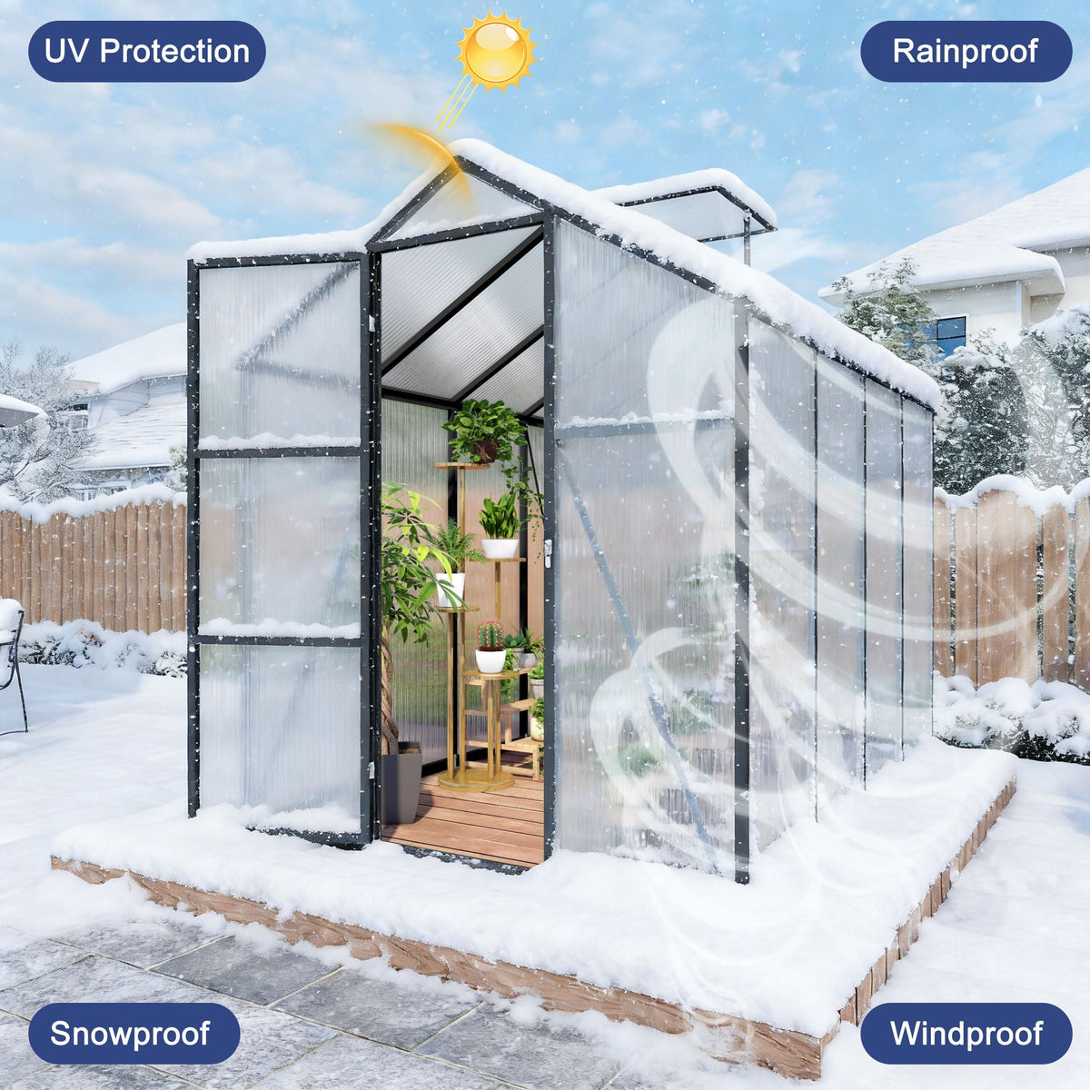 Windproof Greenhouse with Raised Base - Polycarbonate Panels - Black