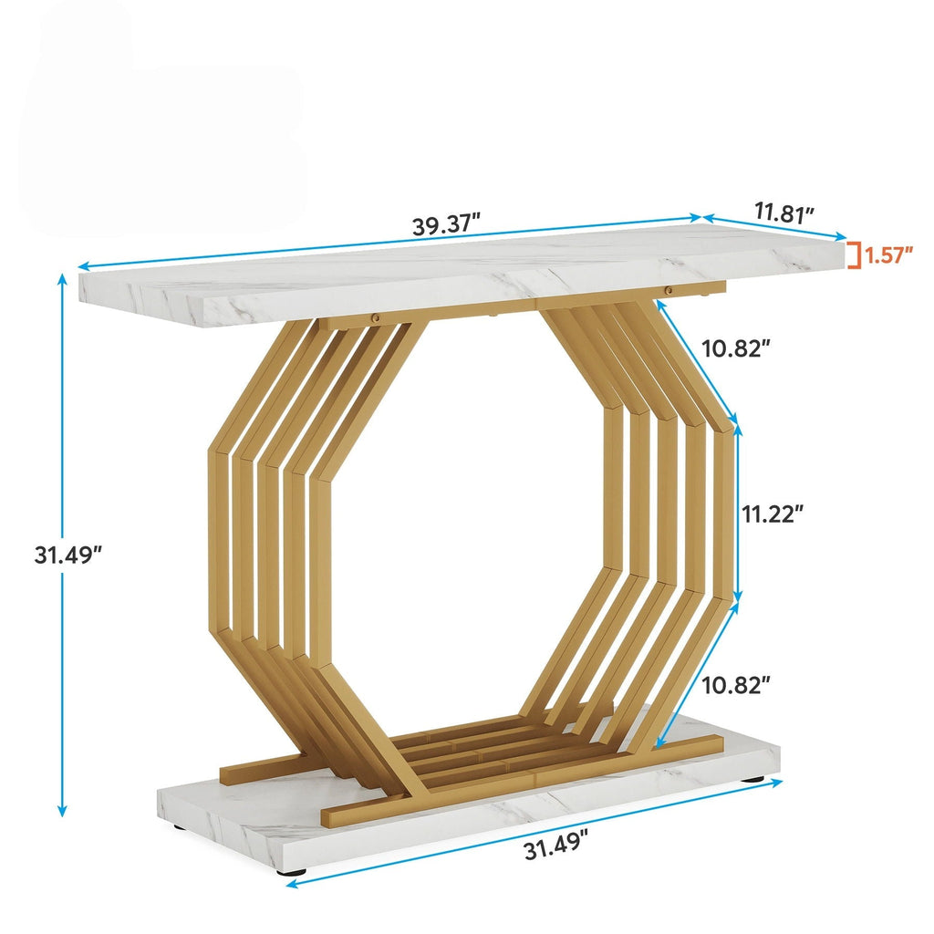 White and Gold Console Table with Geometric Metal Base - Faux Marble Top