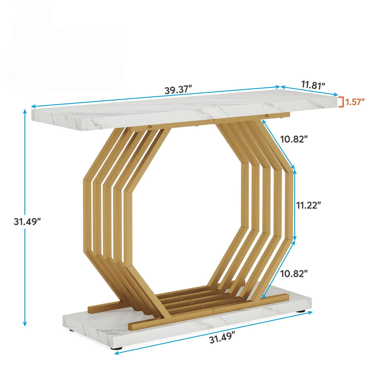 White and Gold Console Table with Geometric Metal Base - Faux Marble Top