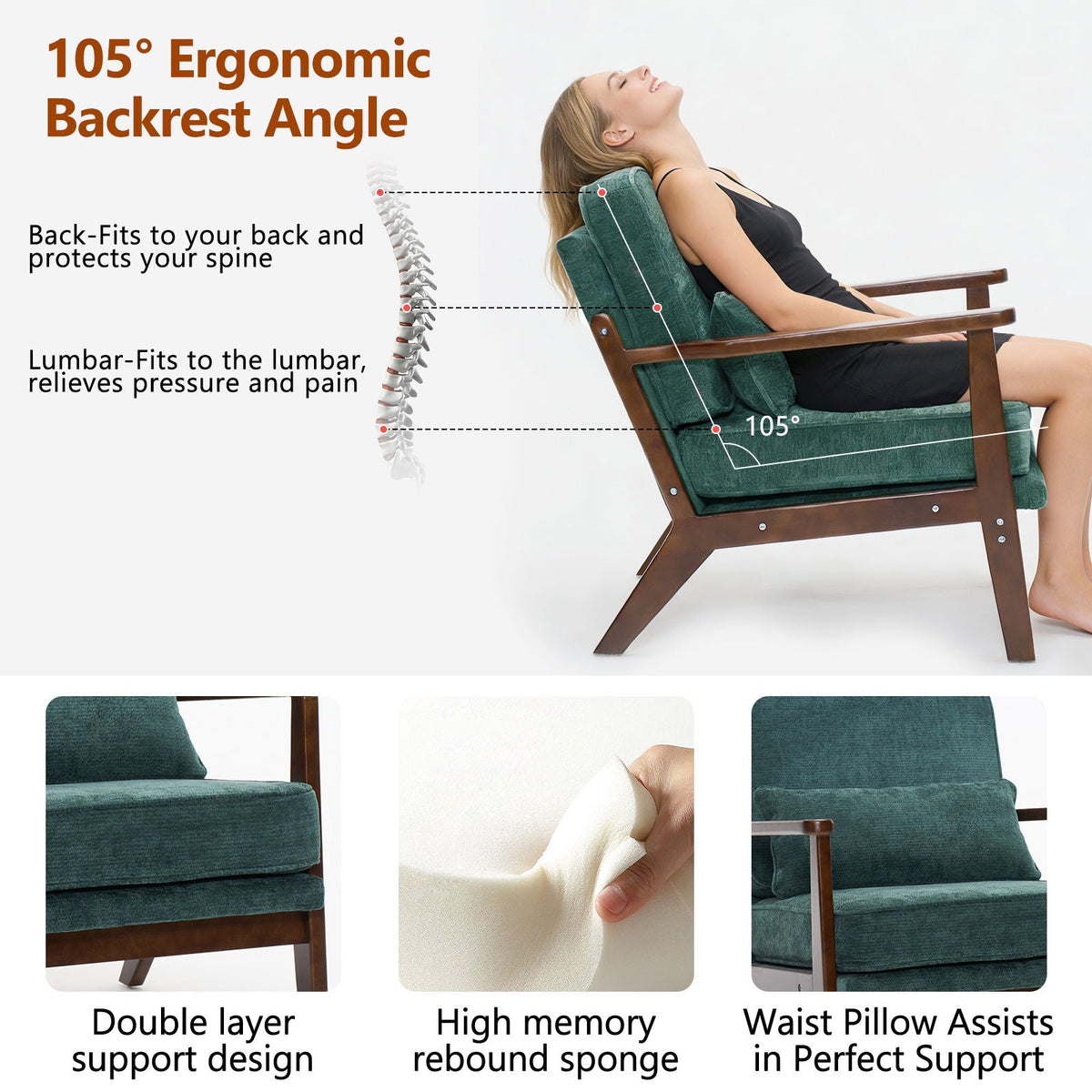 Living Room Chair with Lumbar Pillow and Solid Wood Frame - Dark Gray, Dark Green, Beige