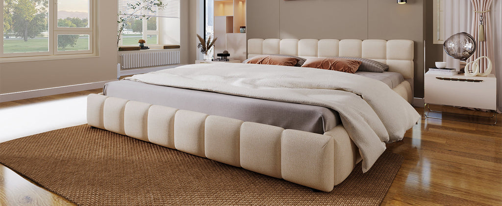 Elegant Chenille Upholstered Bed with Checkerboard Headboard - Beige