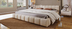 Elegant Chenille Upholstered Bed with Checkerboard Headboard - Beige