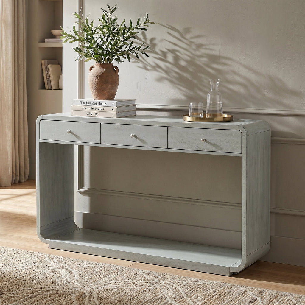 Antique-Style Console Table with 3 Storage Drawers - Blue, Natural, Beige