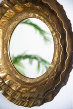 Round Wall Mirror with Metal Frame and Layered Flower Design - Gold