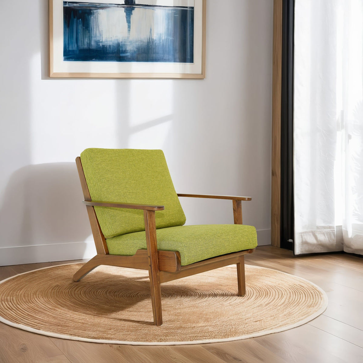 Genuine Lounge Chair with Solid Wood Frame - Beige, Green, Light Blue