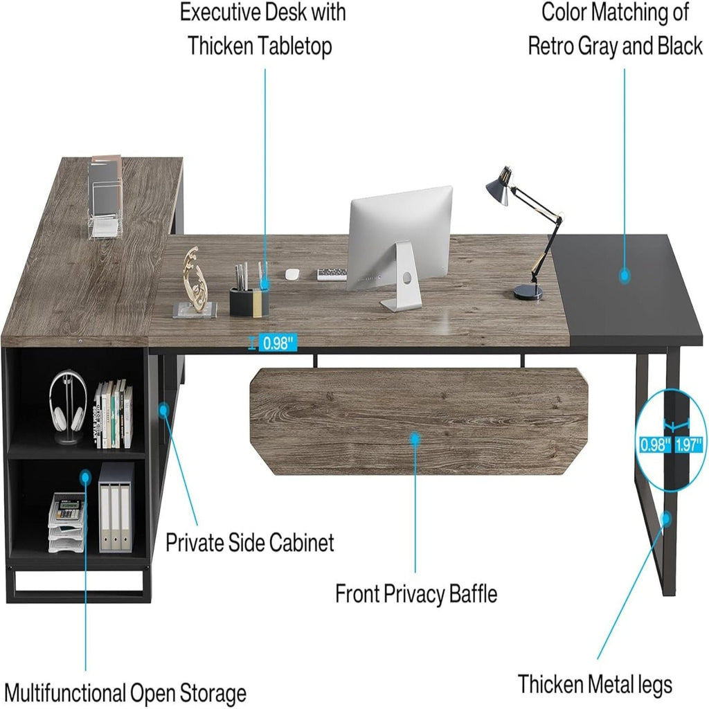 L-Shaped Executive Desk with File Cabinet and Storage - Light Brown or Dark Gray