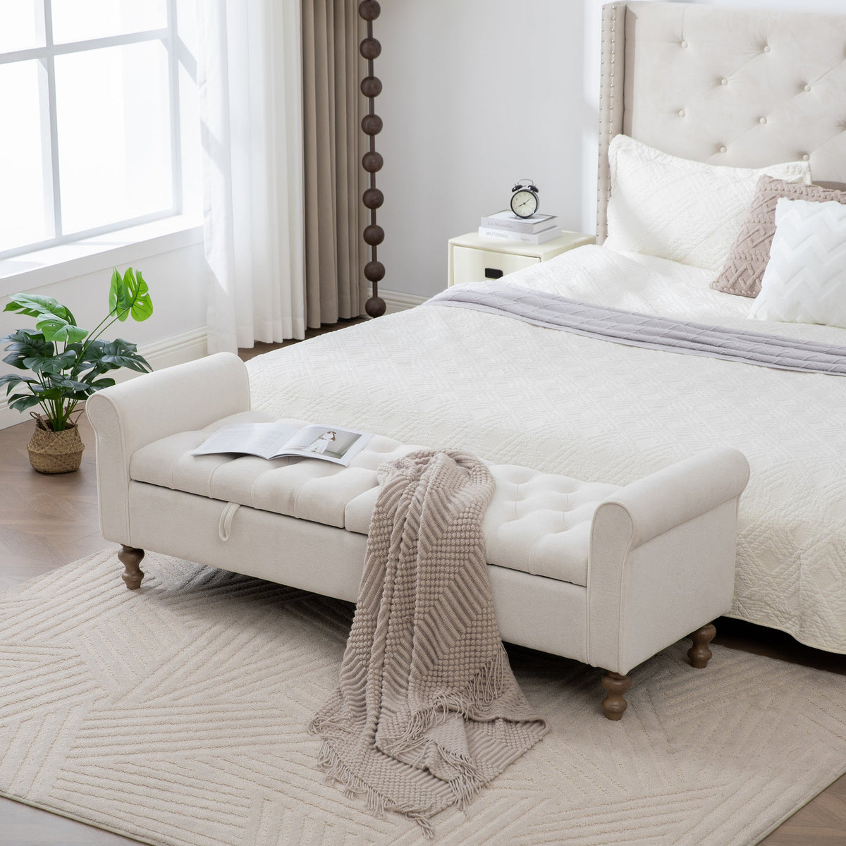 Modern Upholstered Storage Bench With Double Lids