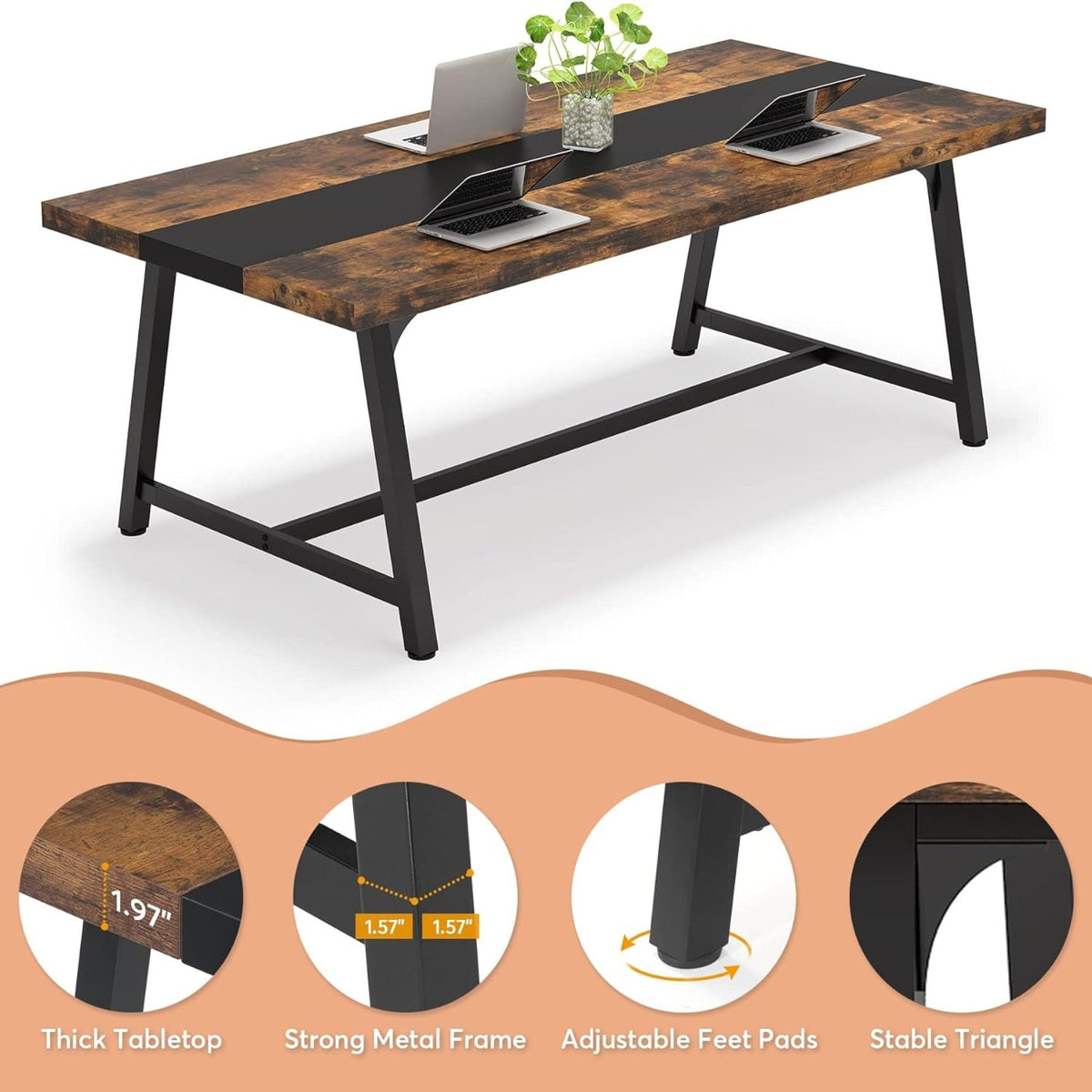 Modern Rectangular Conference Table for 6-8 People with Durable Frame - Dark Gray or Dark Brown