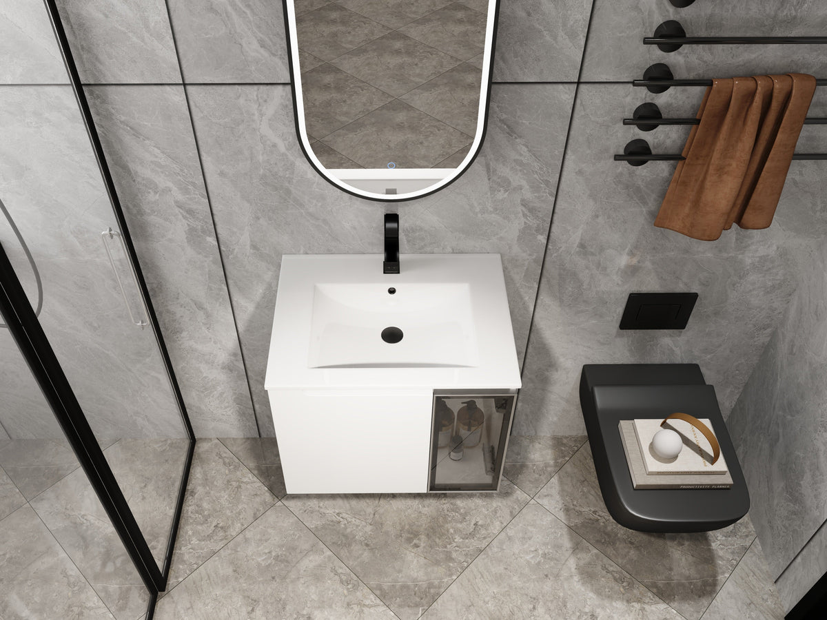 24" Wall-Mounted Bathroom Vanity with Ceramic Sink - Glossy White