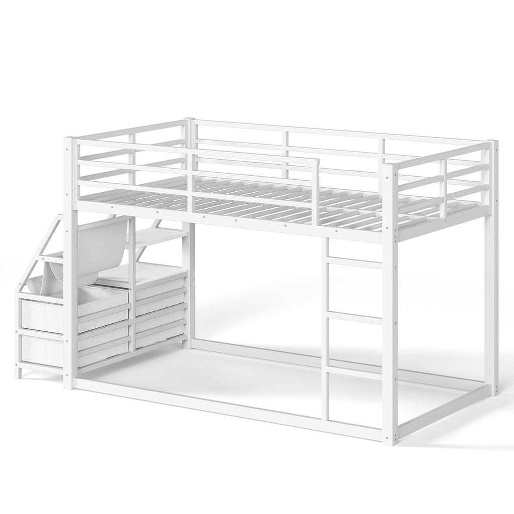 Twin Over Twin Bunk Bed with Storage Shelves and LED Lights - White