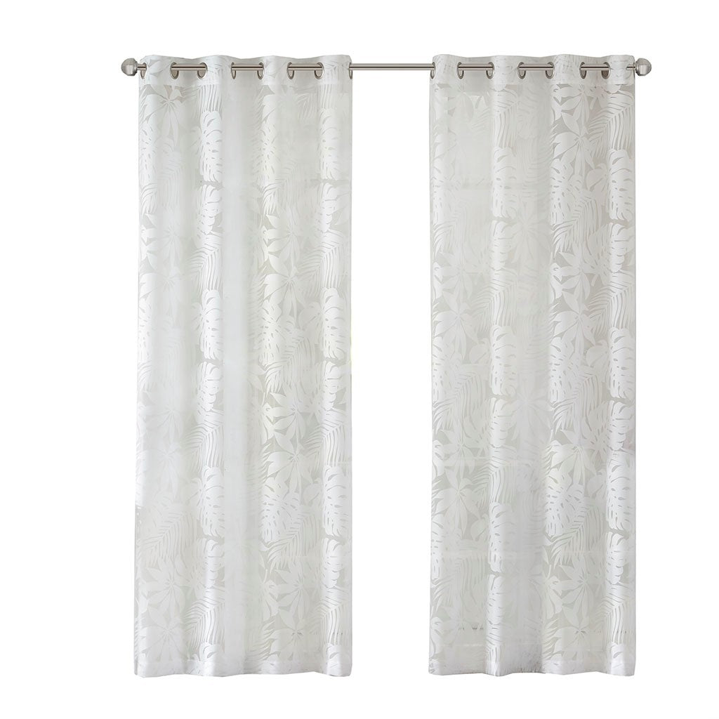 Palm Leaf Burnout Sheer Window Curtain with Grommets - White