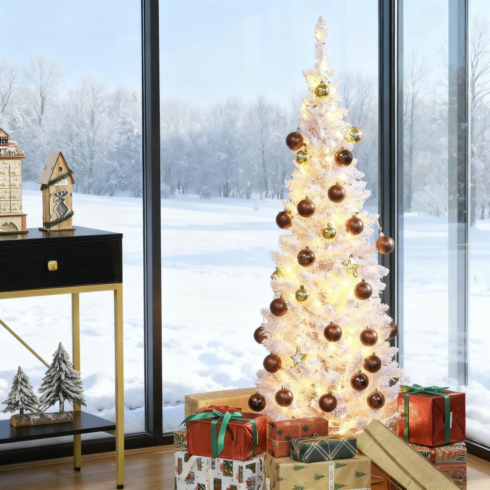 Pink 5ft Pencil Christmas Tree with Snow-Flocked Branches - Pink