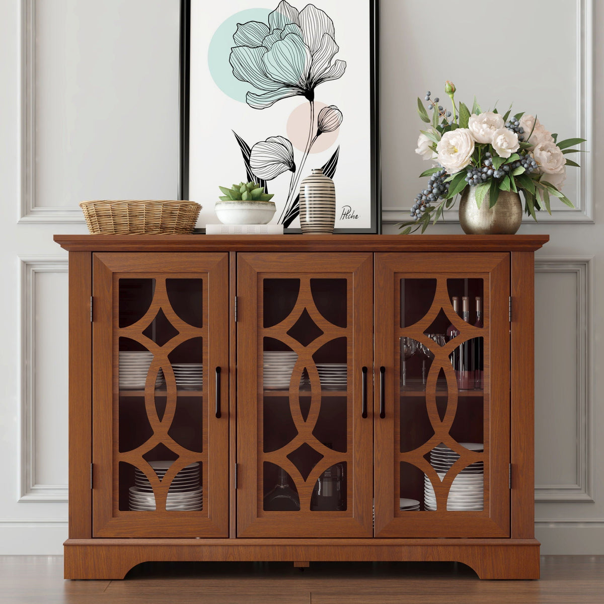 Modern Sideboard with Glass Doors and Adjustable Shelves - Dark Oak