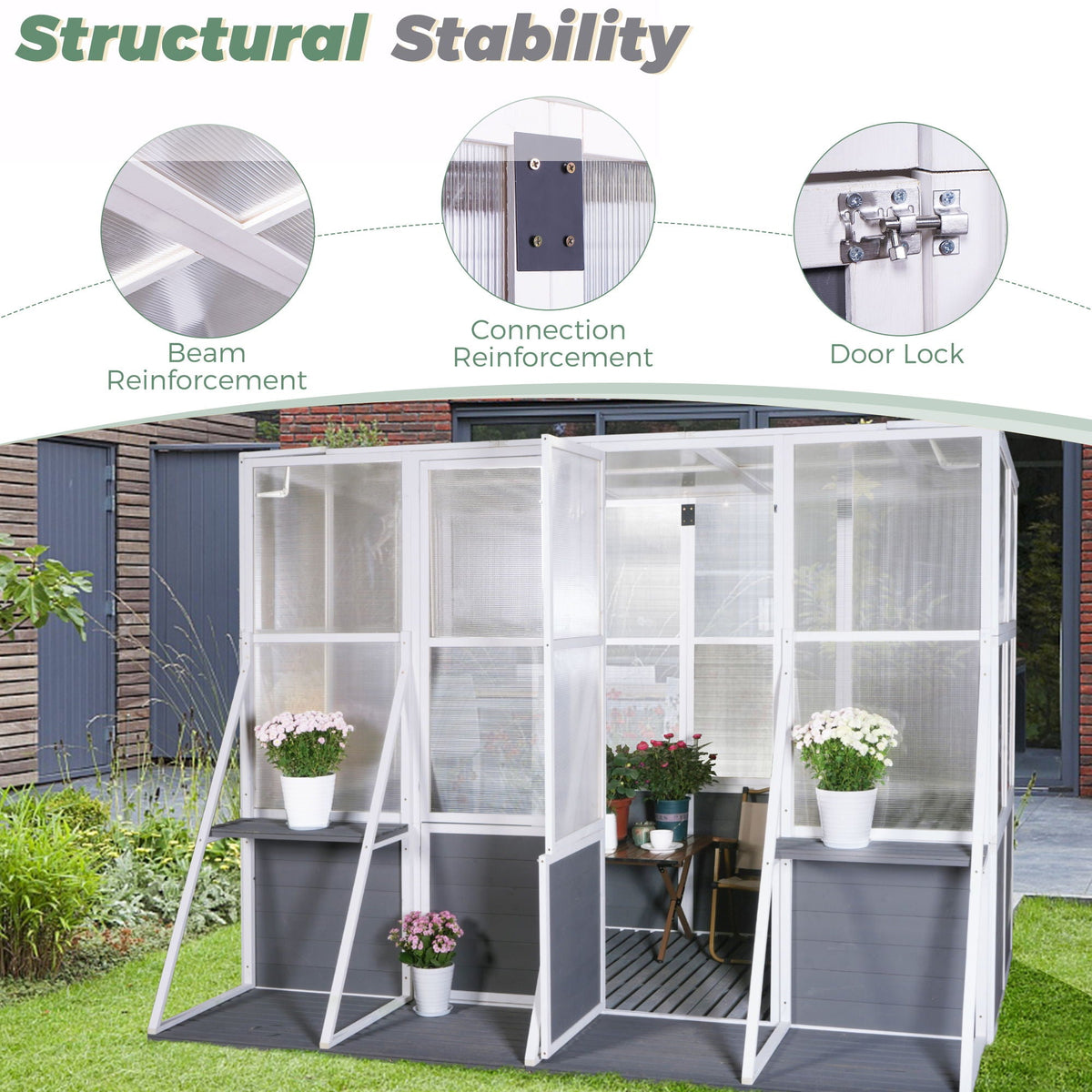 Wooden Lean To Greenhouse with Walk-In Design - White / Gray