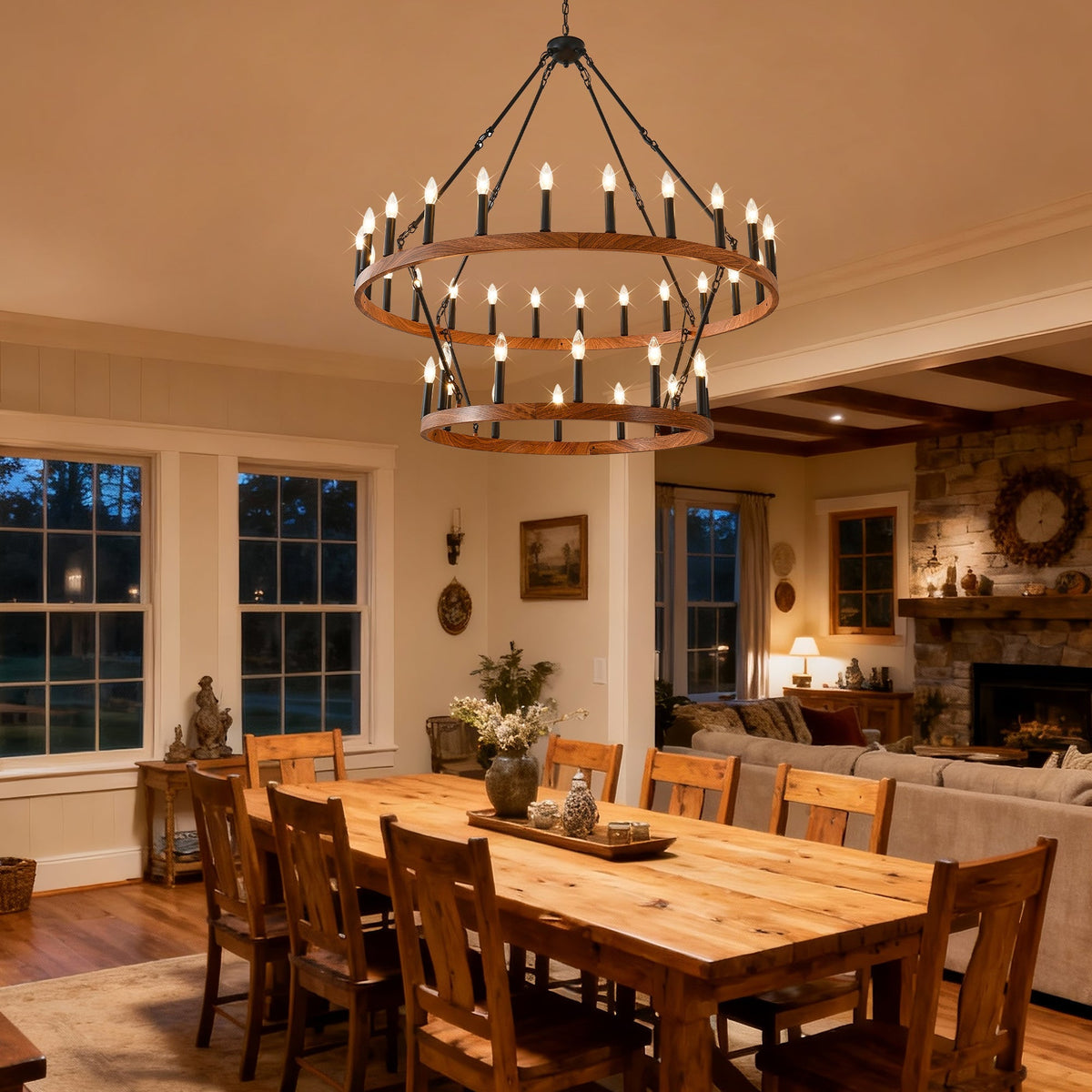 47.24 Inch Large Wagon Wheel Chandelier with 36 Lights - Wood Grain Finish