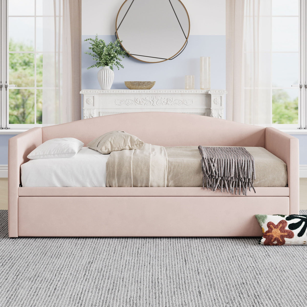 Upholstered Daybed With Pop Up Trundle Sofa Bed - Space Saving, Durable Frame - Gray or Pink
